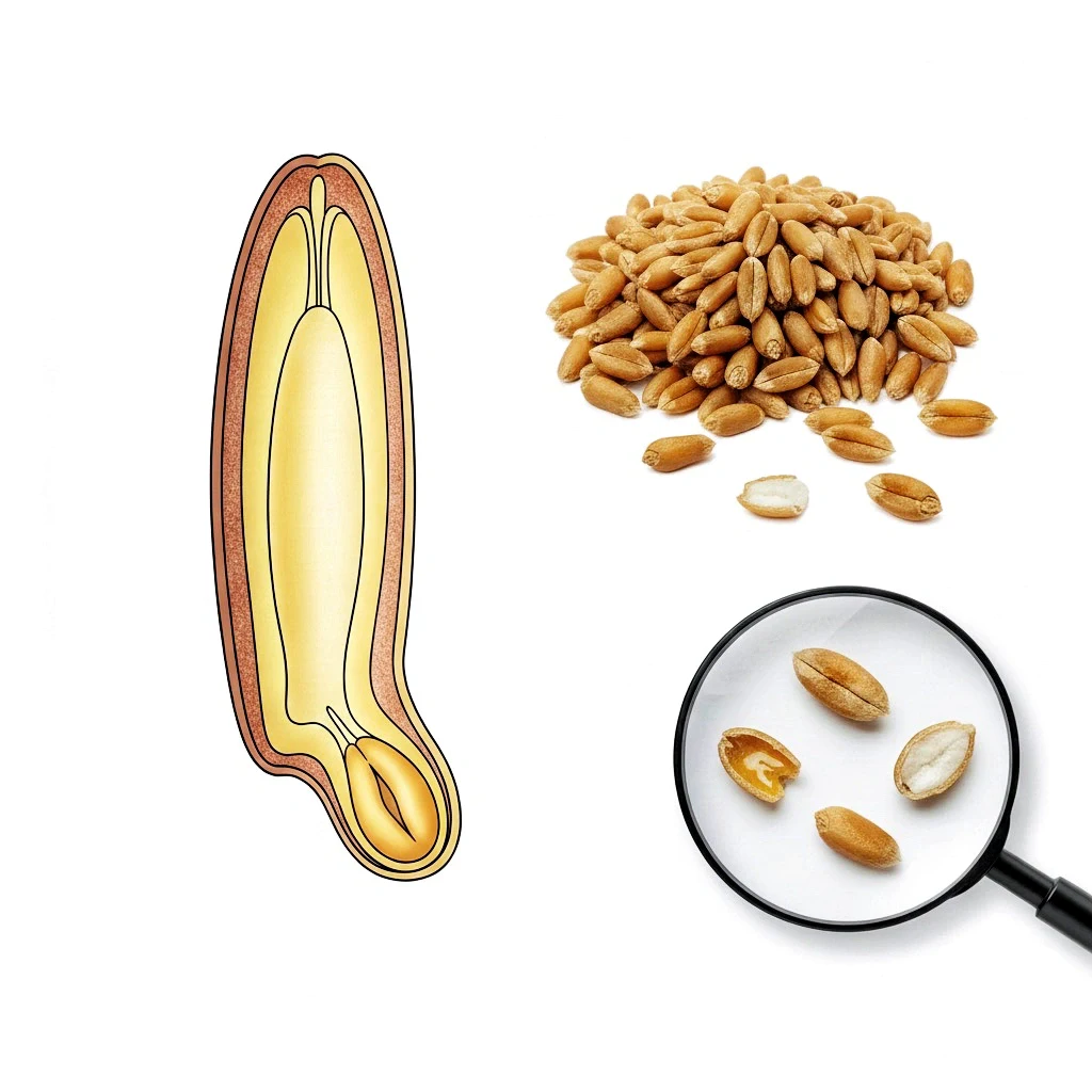 Buğday tanesinin anatomik yapısını gösteren (kepek, endosperm ve rüşeym katmanları) bir çizim.