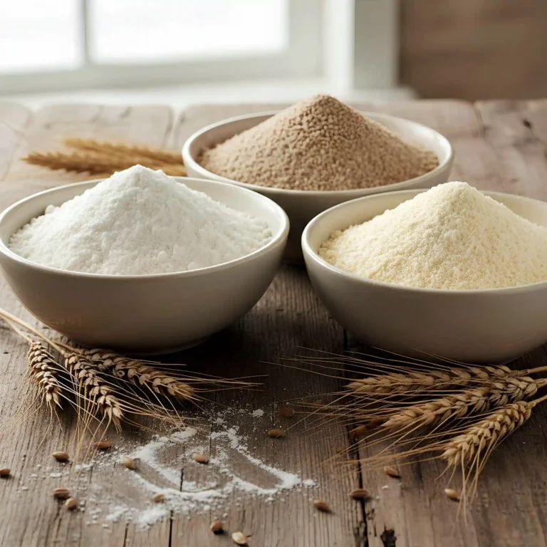 Ahşap bir masa üzerinde farklı kaselerde un çeşitleri (beyaz, tam buğday, mısır) ve yanında buğday başakları.