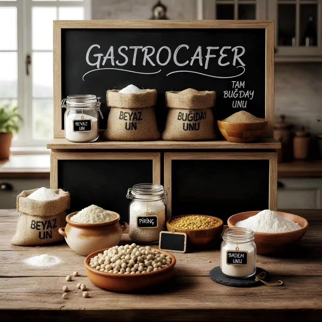 Farklı un çeşitleri ve hammaddeleri bir masada sergileniyor.