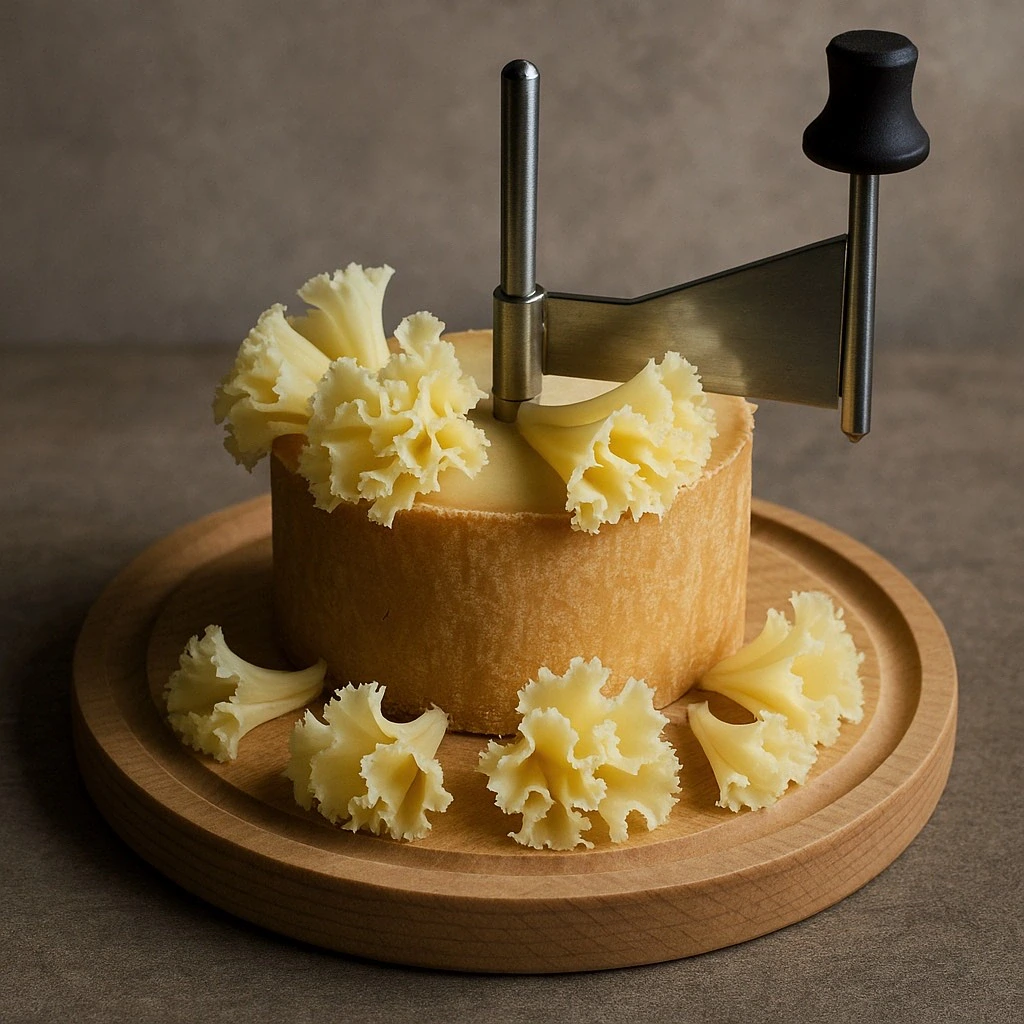 Delicate florets of Tête de Moine cheese shaved beautifully with a Girolle.