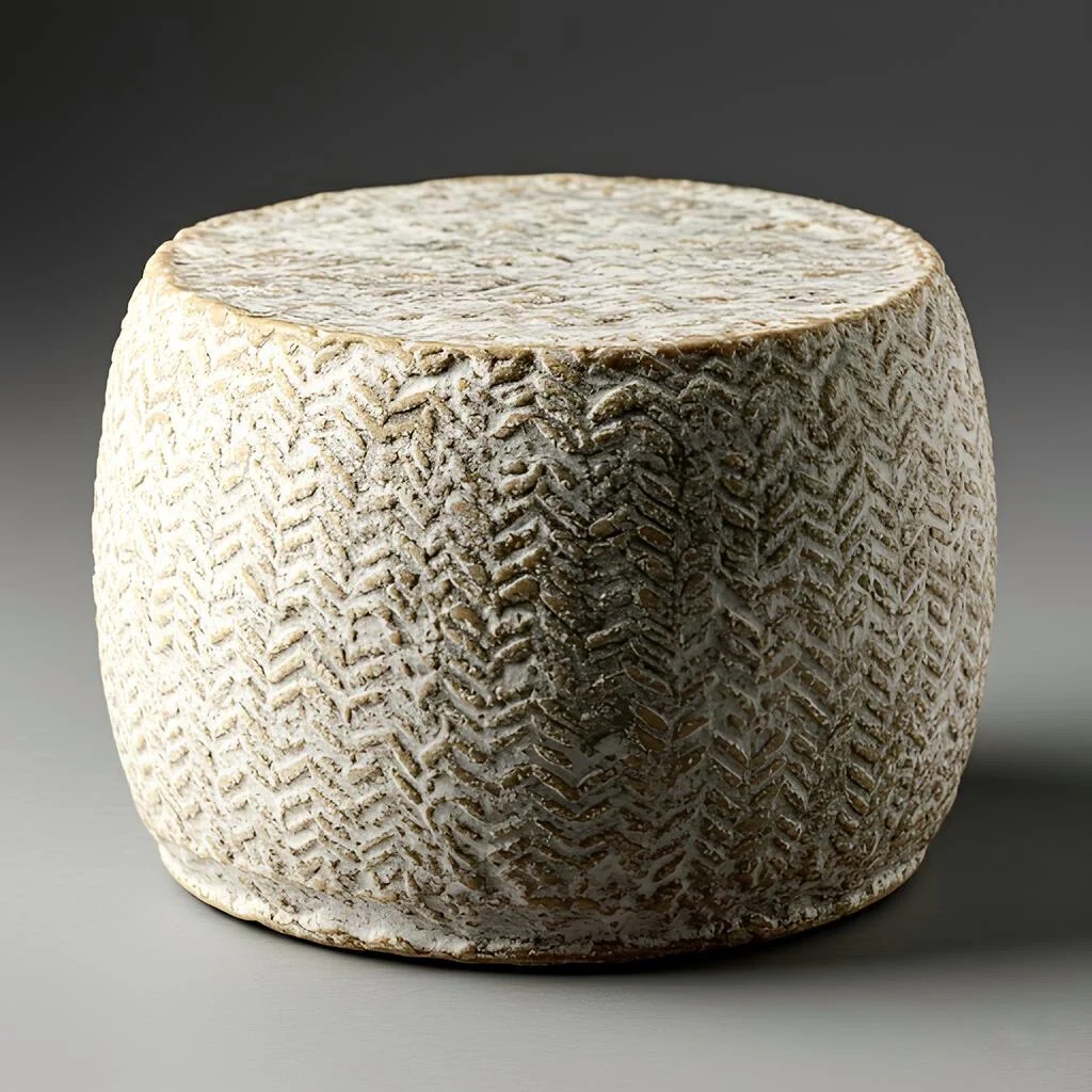 A whole wheel of traditional clothbound Bismark Cheddar cheese.