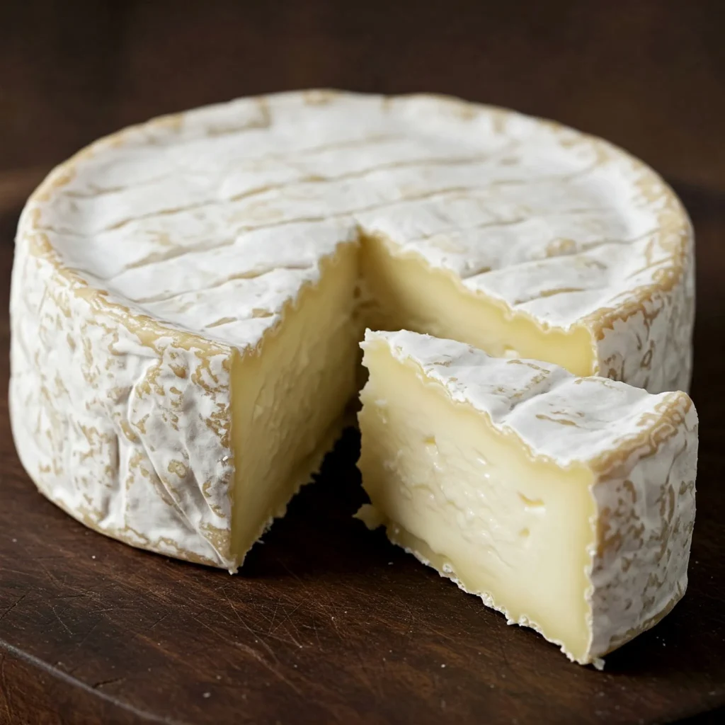 Brie cheese featuring a soft bloomy rind and an oozing interior texture.