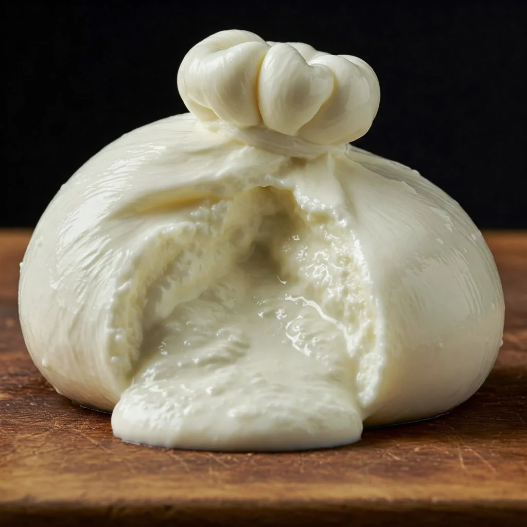 A fresh ball of Burrata cheese oozing rich cream from the center.
