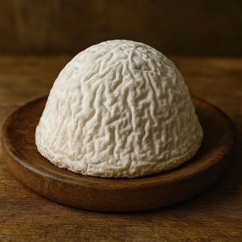 Dome-shaped Coupole goat cheese covered in a delicate white mold.
