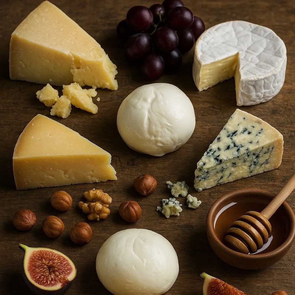 Different types of cheese, honey, figs, walnuts, and hazelnuts are displayed together on the same table.