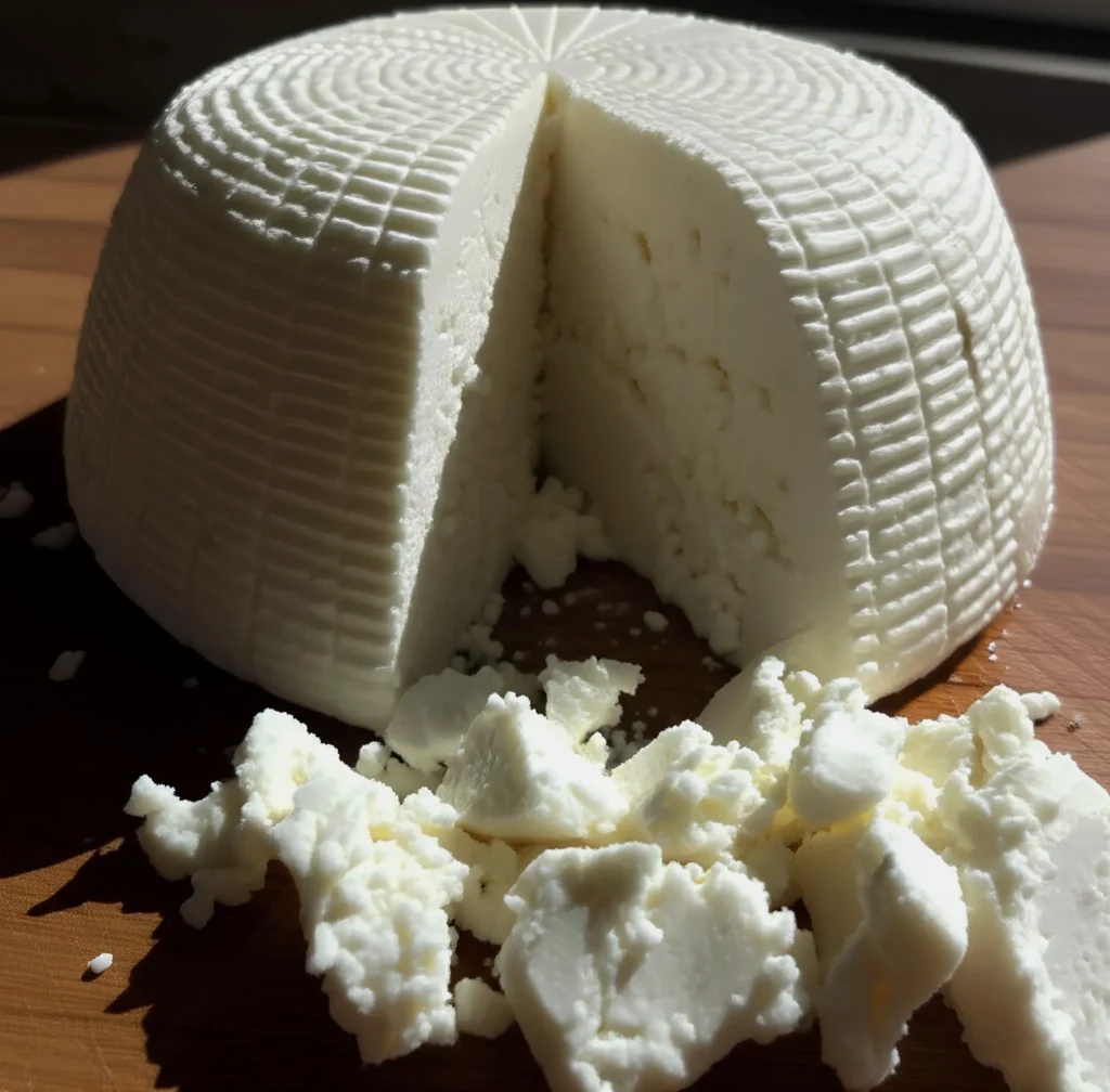 A block of fresh, crumbly American-style Farmer's Cheese.