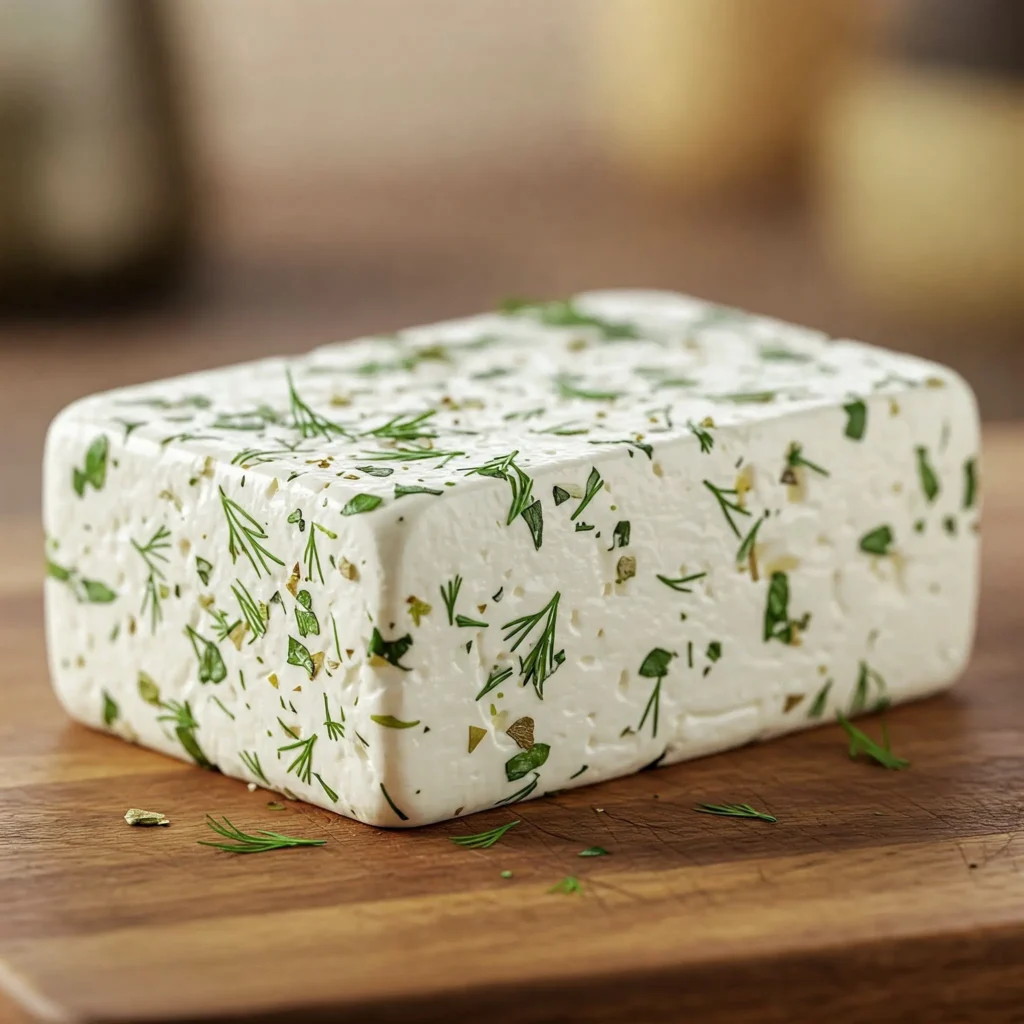Block of authentic Greek Feta cheese brined with Mediterranean herbs.