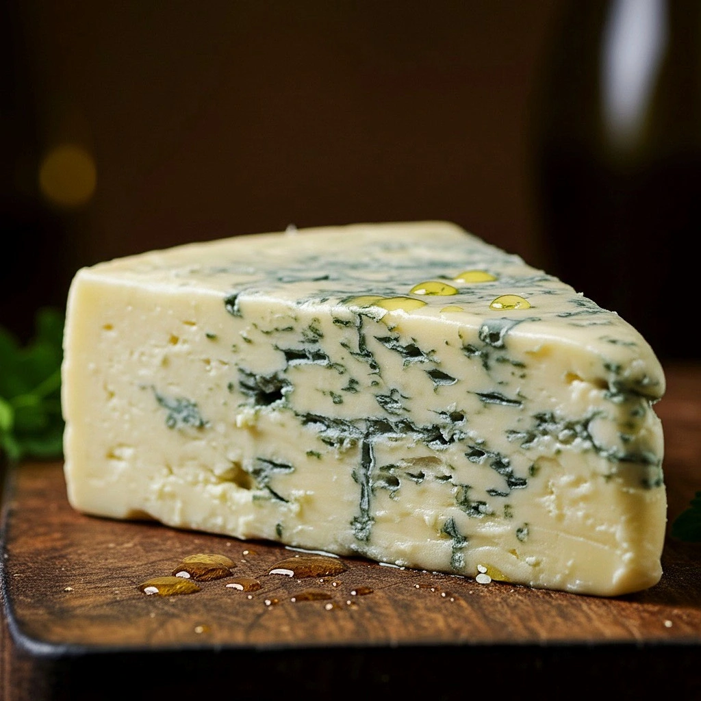 A premium wedge of blue-veined Italian Gorgonzola cheese.