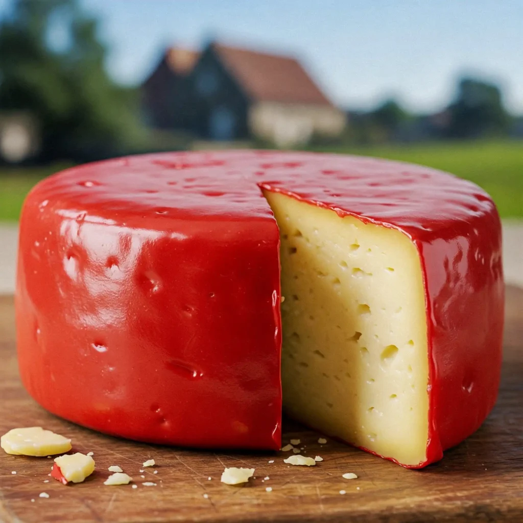 Gouda cheese encased in its traditional red wax coating.