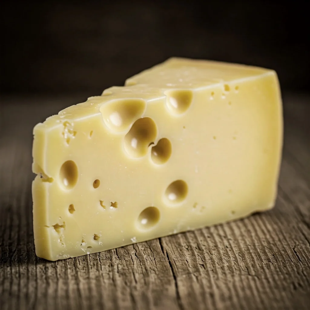 Sliced Gruyère cheese showing its firm, pale-yellow structure and dense texture.