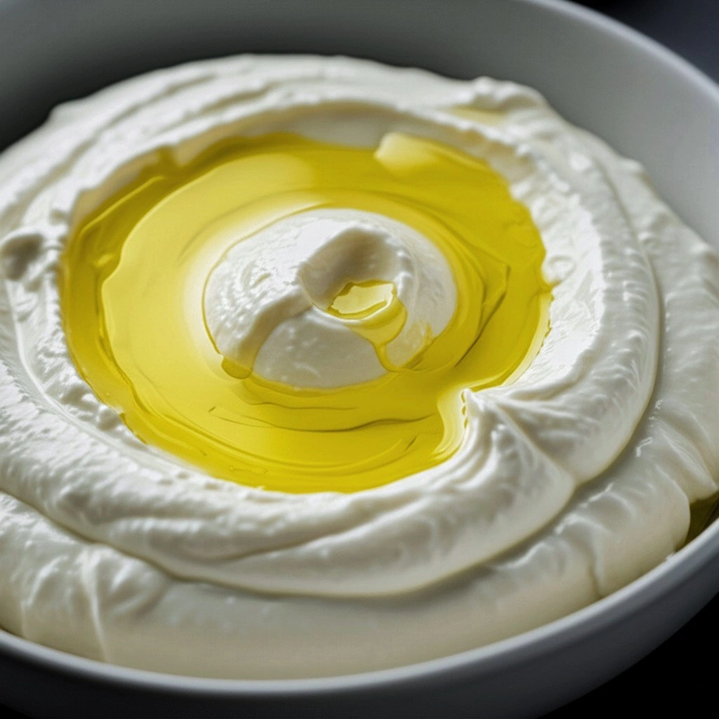 Creamy, yogurt-based fresh Labneh cheese drizzled with olive oil.