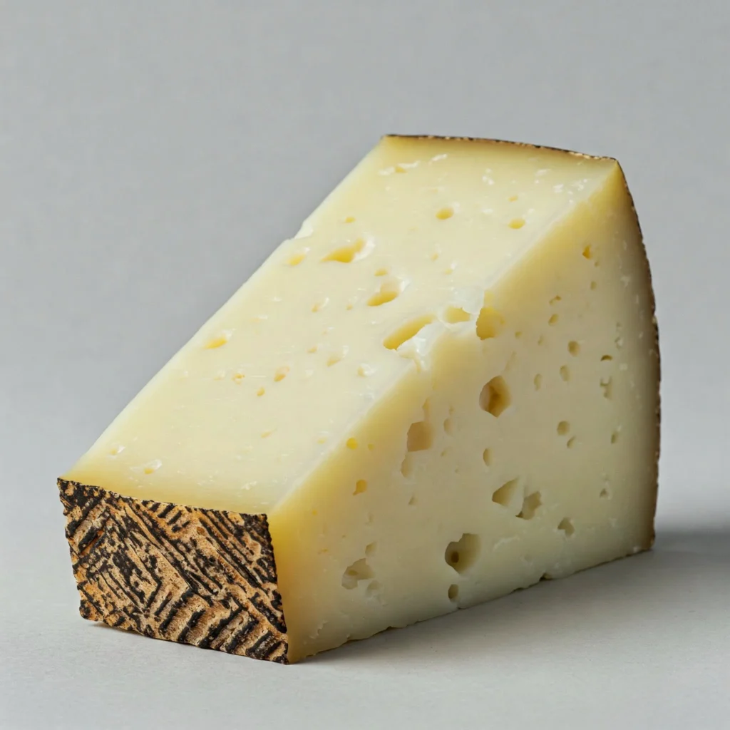 Sliced Manchego cheese displaying its iconic basket-weave herringbone pattern on the rind.