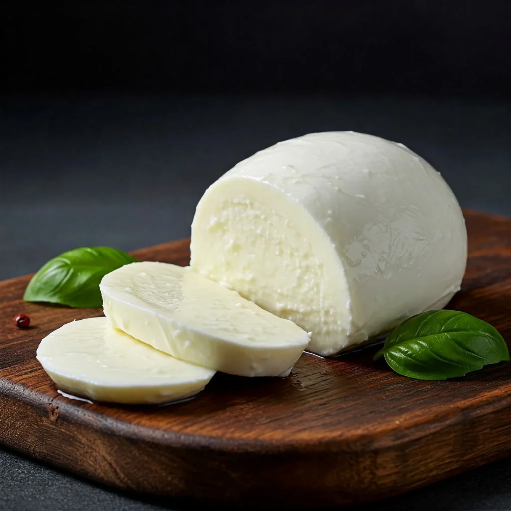 A fresh ball of mozzarella torn in half to display its fibrous interior.