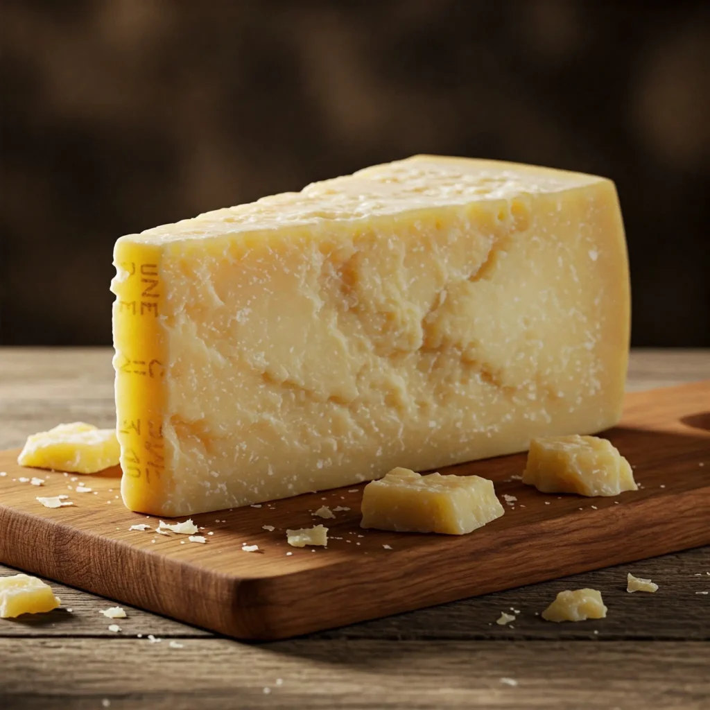 Sliced Parmigiano Reggiano cheese showcasing its hard texture and crystalline structure.