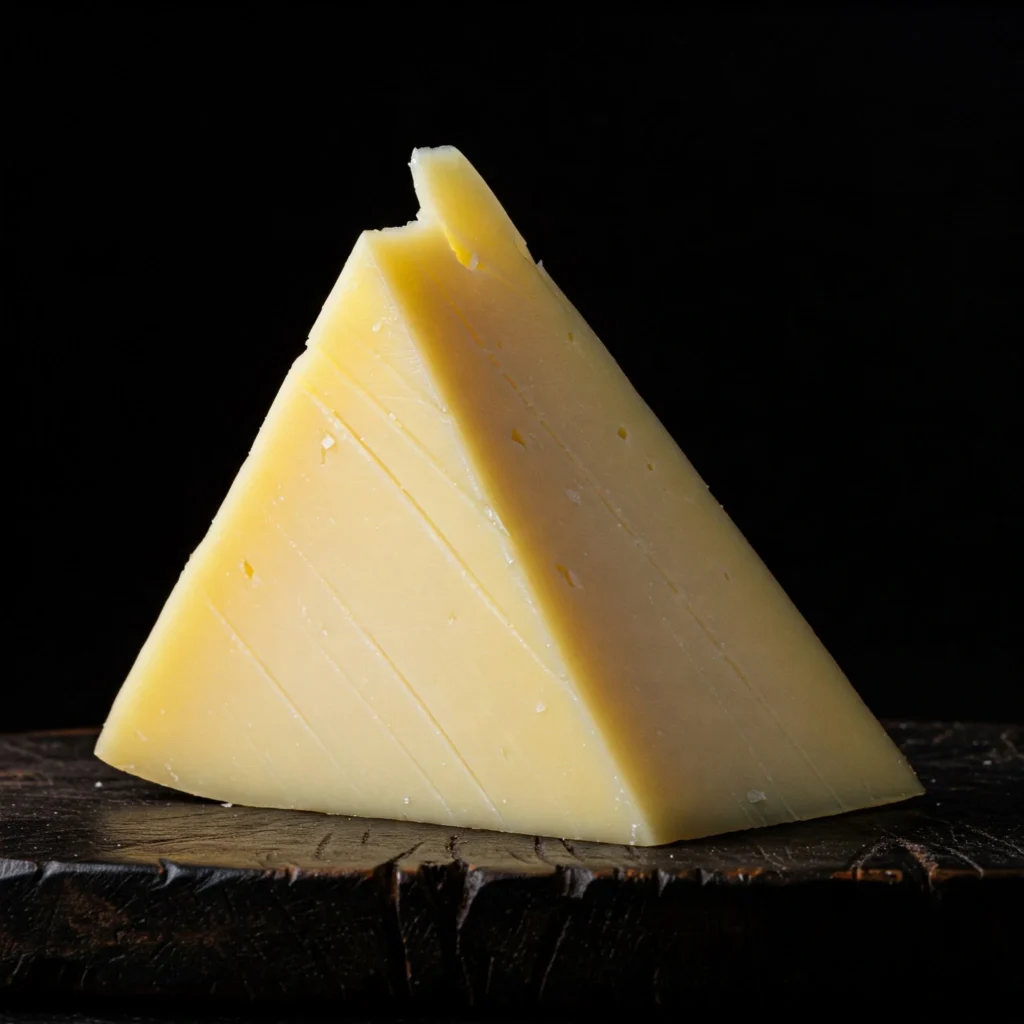A wedge of semi-hard, pale yellow Italian Provolone cheese.