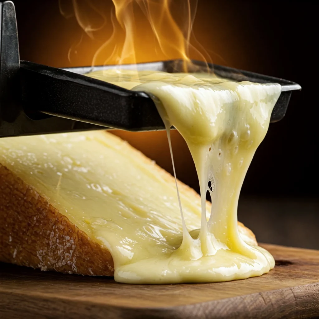 Rich Raclette cheese melted and scraped flawlessly using a traditional raclette machine.