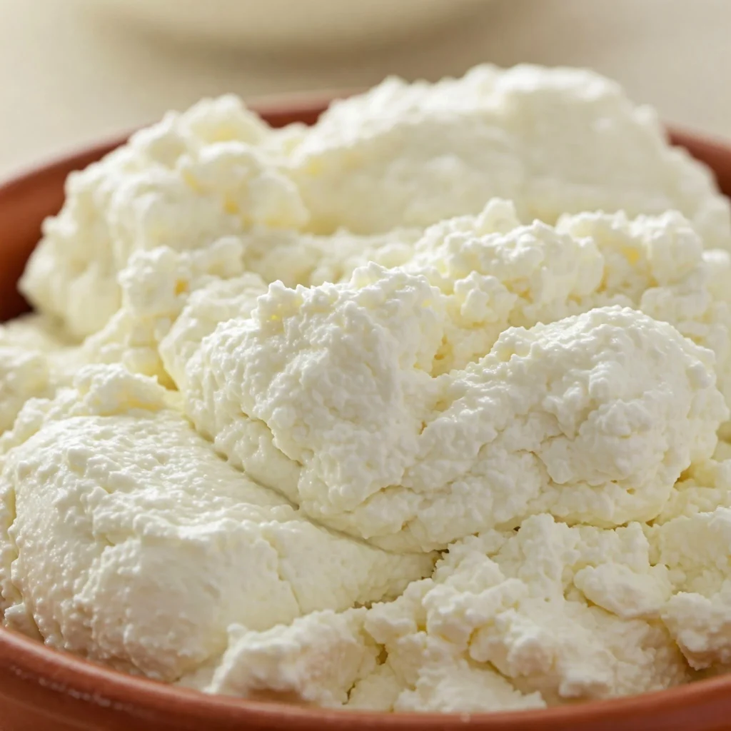 Fluffy, fresh Ricotta cheese served in a rustic bowl.