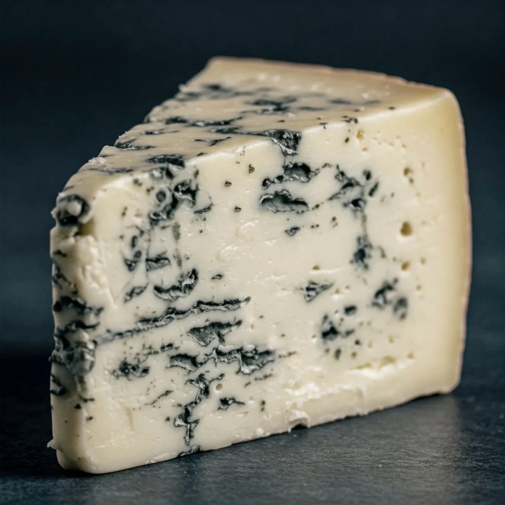 Raw sheep's milk Roquefort cheese showcasing iconic blue-green veins.
