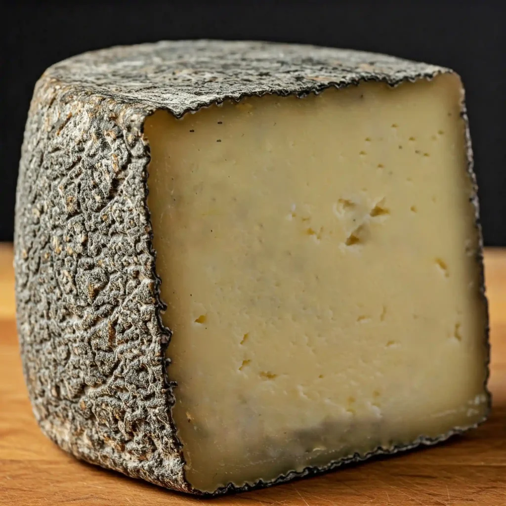 Sliced Swallow Tail Tomme cheese with a rustic, cave-molded rind.