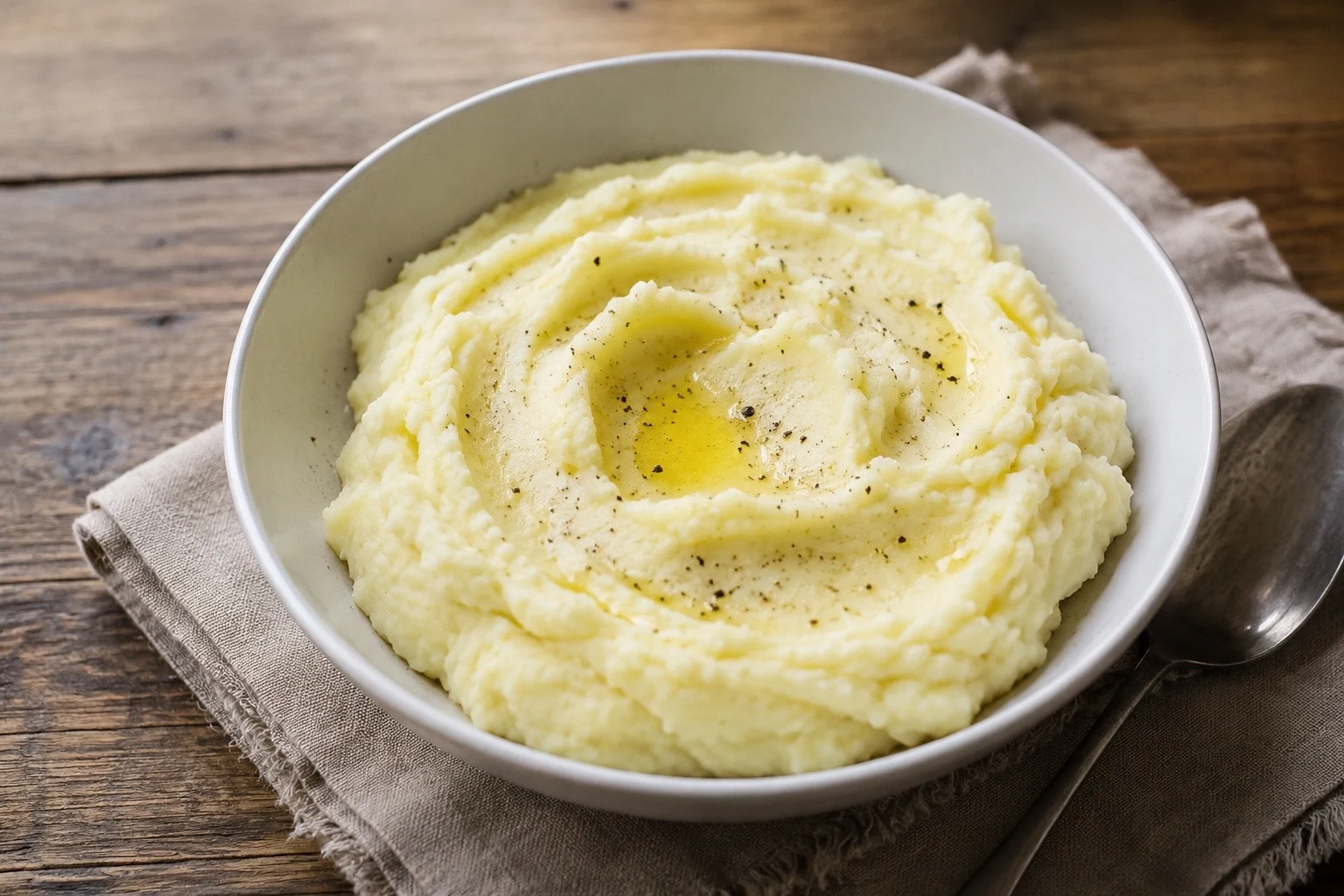 Karabiber taneleri serpilmiş bol tereyağlı bir patates püresi bir tabakta servis ediliyor.