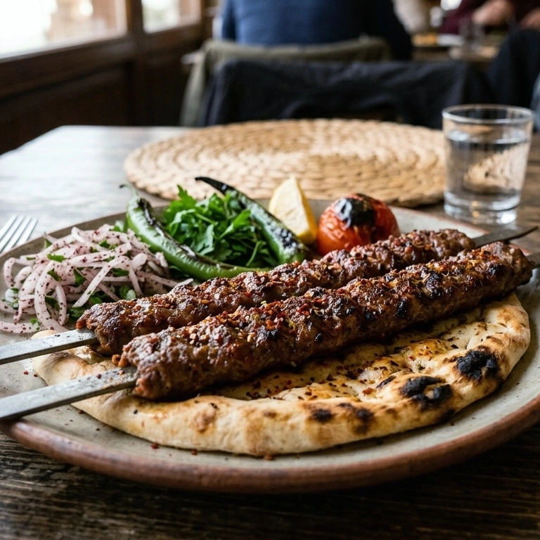 A plate of turkish lamb shish kebab served on a skewer, accompanied by a salad of roasted tomatoes, peppers, and onions.